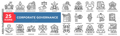 25 line icons about corporate governance including leadership, compliance, audit, business ethics, risk management, and decision making  perfect for reports, presentations, and corporate projects.”