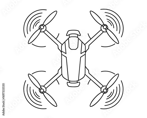 Line Art Illustration of a Modern Drone with Rotating Propellers, Aerial Vehicle, Technology, Overhead View, Isolated on White Background