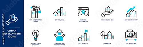 Urban Development Blue Colored Outline Icon Set