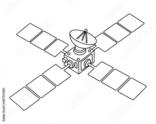 Isometric Line Art Illustration: A Satellite with Solar Panels orbiting in space.