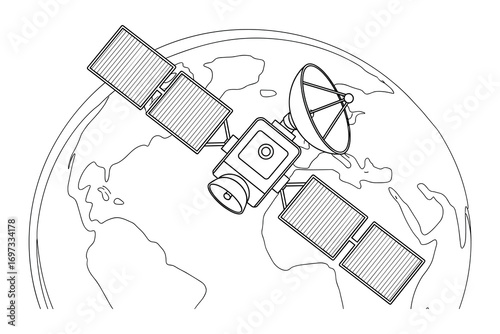 Satellite communication orbiting above earth with solar panels, vector illustration.