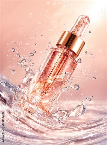 Rose-colored serum bottle surrounded by splash of water on a light, pink background