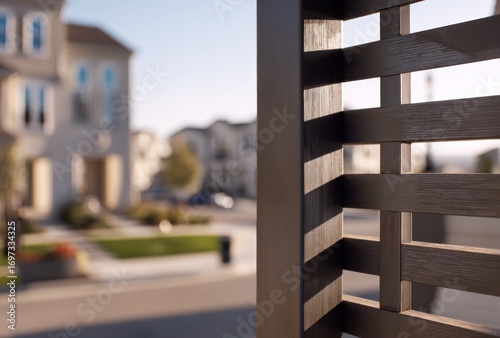 Lattice post overlooking a blurred residential street, houses in the background under a clear sky in soft, warm light