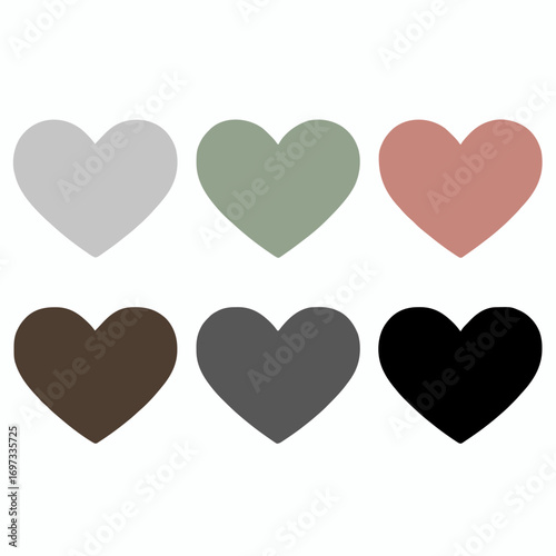 Six heart shapes in neutral earth tone color palette arranged in 2x3 grid featuring gray, sage green, dusty pink, brown, charcoal, and black.
