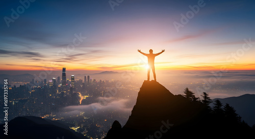 A silhouette of a person on a mountain peak, looking at a city skyline in the distance, representing ambition and achieving business goals