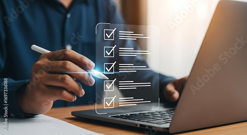 Person checking off tasks on digital list digital checklist