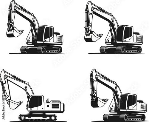 excavator, construction, equipment, heavy, machinery, digger, industrial, vehicle, front, side, view, earthmoving, hydraulic, arm, bucket, engineering, site, work, transport, design