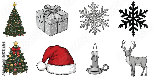 A christmas themed image with christmas trees gift snowflakes santa hat candle and a reindeer drawing