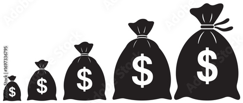 A visual representation of increasing wealth with bags of money in ascending order of size and value