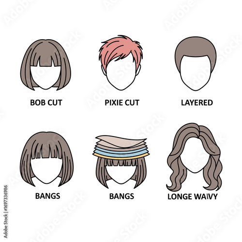 Illustration of various hairstyles, including bob cut, pixie cut, layered, bangs, and long wavy styles.