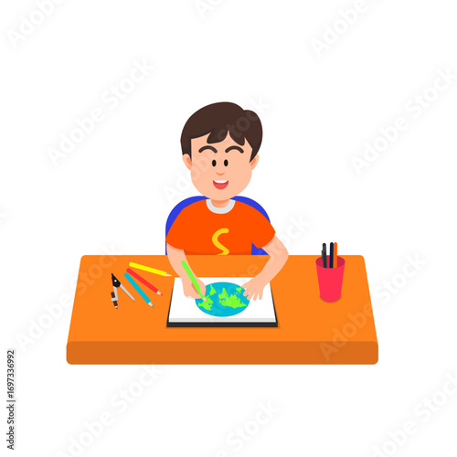 Happy boy colors a drawing of the earth in his sketchbook using colored pencils