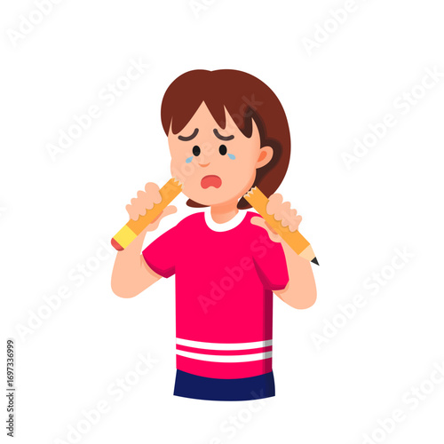 A little girl cries while holding up her broken pencil