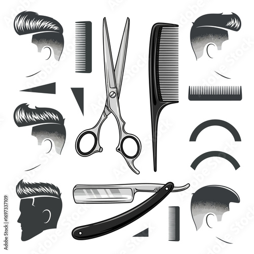 A collection of vintage barber tools and hairstyles, including scissors, combs, a straight razor, and stylized male haircuts.