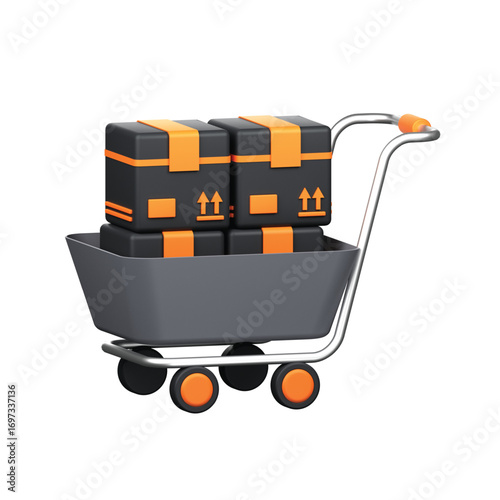A stylized 3D shopping cart filled with stacked cardboard boxes representing online ordering, e-commerce, and package delivery services