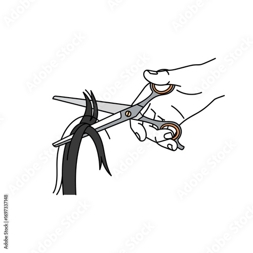 A hand holding hairdressing scissors cutting a strand of hair.