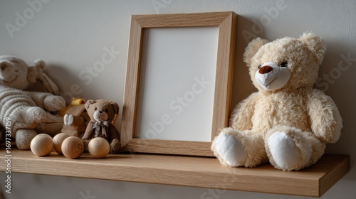 Empty Wooden Frame Mockup and Teddy Bear on Table
