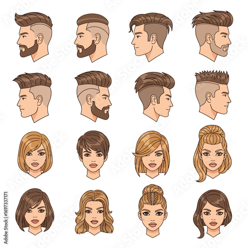 A collection of men's and women's hairstyles illustrated in profile and frontal views.