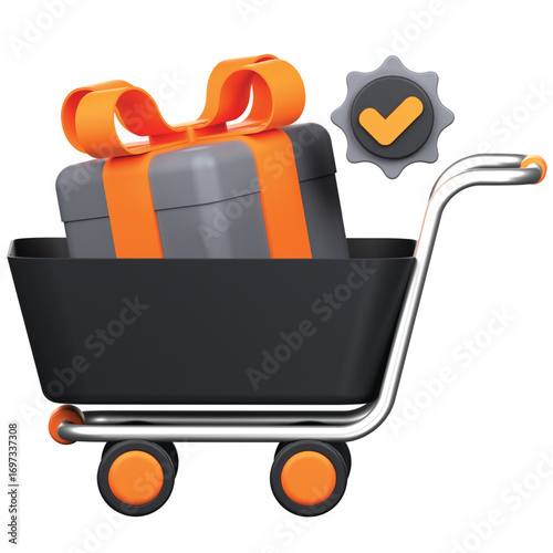 Successful online shopping experience illustrated by a 3D cart holding a gift, with an approval checkmark for completed orders and rewards