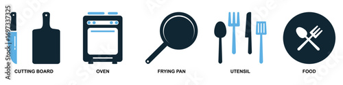 Set of cooking icon vector. Perfect for menus, food blogs, and kitchen themes. A versatile collection of simple, recognizable symbols representing various cooking activities and tools.