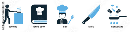 Set of cooking icon vector. Perfect for menus, food blogs, and kitchen themes. A versatile collection of simple, recognizable symbols representing various cooking activities and tools.