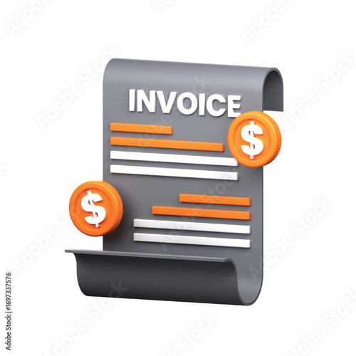 Stylized 3D render of a business invoice document with floating dollar coins representing payment, billing, and financial accounting for modern financial services
