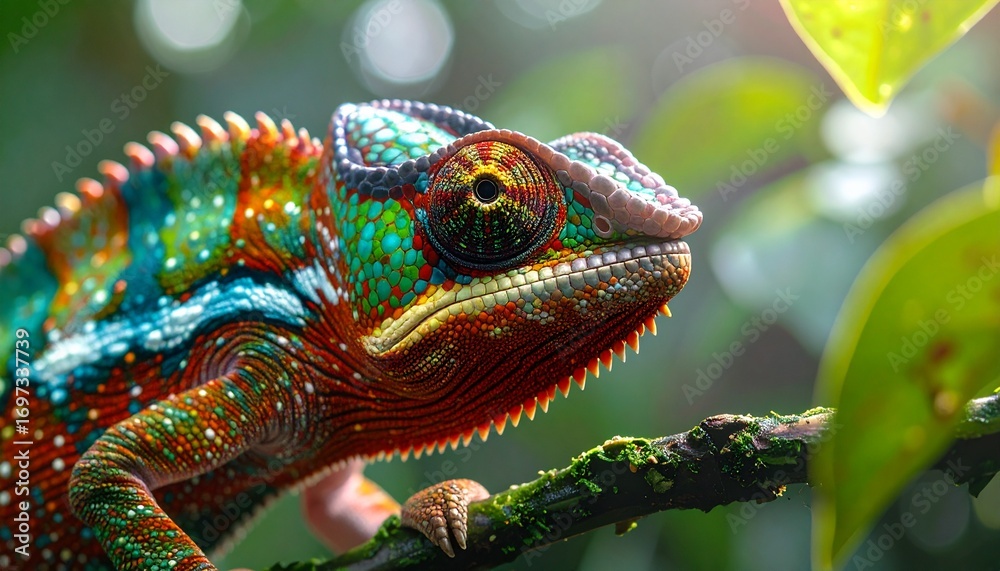 Obraz premium Close up colorful chameleon. Tropical wildlife animal. Color changing.