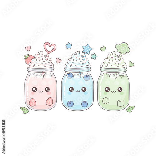 3D kawaii Vector art illustration of strawberry milk, blueberry milk, and melon milk, on a white  background
