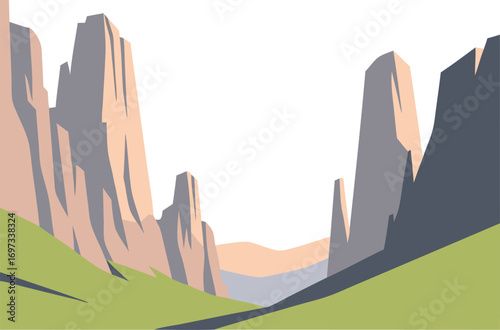Minimalist Mountain Valley Landscape with Rocky Cliffs and Green Hills for Nature, Travel, and Outdoor Adventure Design Projects