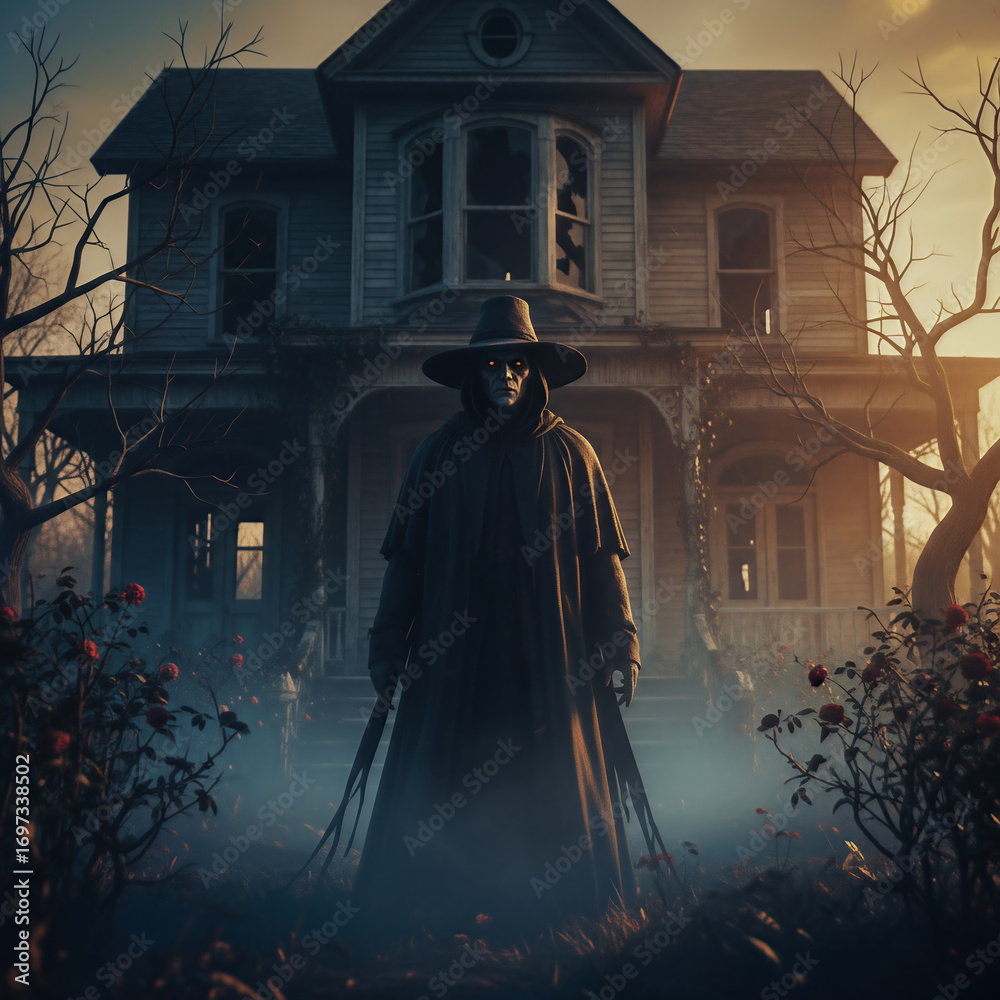 Naklejka premium Spooky Haunted House with Ghostly Unknown Figure: Eerie Nighttime Atmosphere in Creepy Garden of Roses