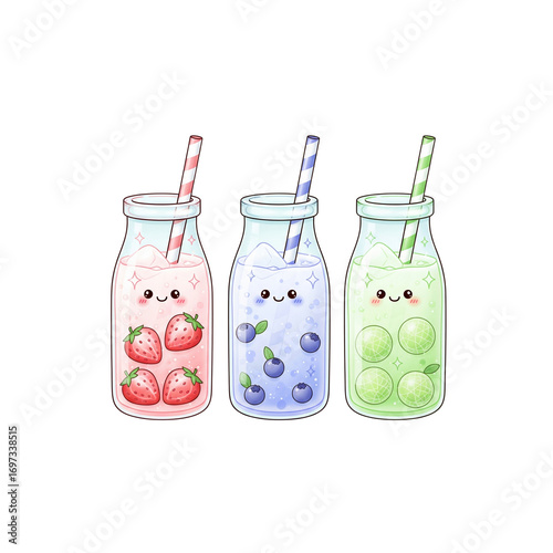 Vector art illustration of strawberry milk, blueberry milk, and melon milk, kawaii style on a white  background