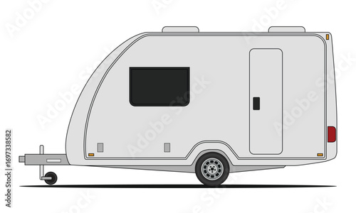 Side view of a small white travel trailer or caravan, isolated on a white background.