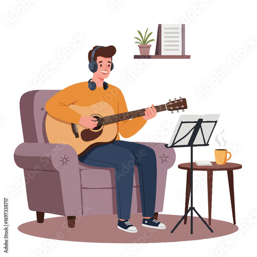 Cheerful male musician playing an acoustic guitar, comfortably seated in a cozy armchair with sheet music and a coffee mug, vibrant 2D flat vector illustration on a white background.