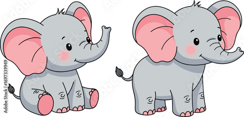 Two Baby Elephants Vector Illustration Sitting and Standing with Pink Ears, Raised Trunks, and Cheerful Expressions for Stock Content Use