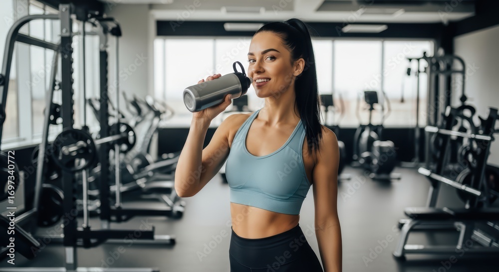 Fototapeta premium Young asian female drinking water in gym while exercising with fitness equipment