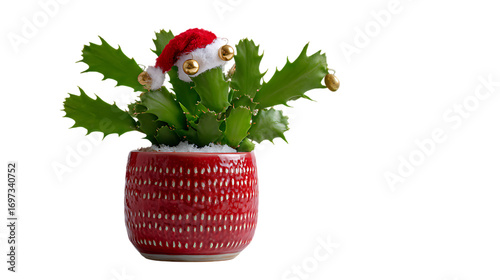A charming Christmas cactus in a red ceramic pot, wearing a Santa hat adorned with gold bells, snowy base, 