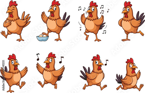 Cartoon Hen Character Set with Funny Expressions, Singing, Dancing, and Egg Bowl – Farm Animal Vector Illustration for Kids