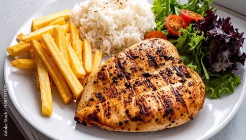 Grilled chicken breast with rice and fries (1)