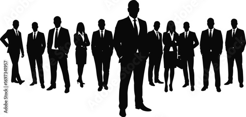 Leadership and Business Team Silhouette Standing in Formal Attire, Corporate Group Vector Illustration for Office, Success, and Teamwork Concepts