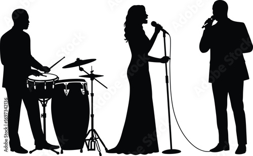 Silhouette of Jazz Band with Female and Male Singers Performing Live with Drummer – Vector Illustration for Music Event Design