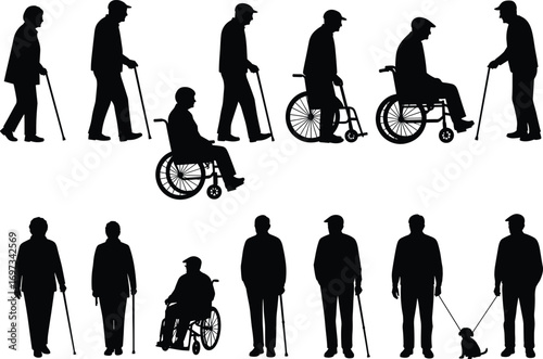 Silhouettes of Elderly People with Canes, Wheelchairs, and Pets – Senior Citizens Vector Illustration for Healthcare, Aging, and Support Concepts