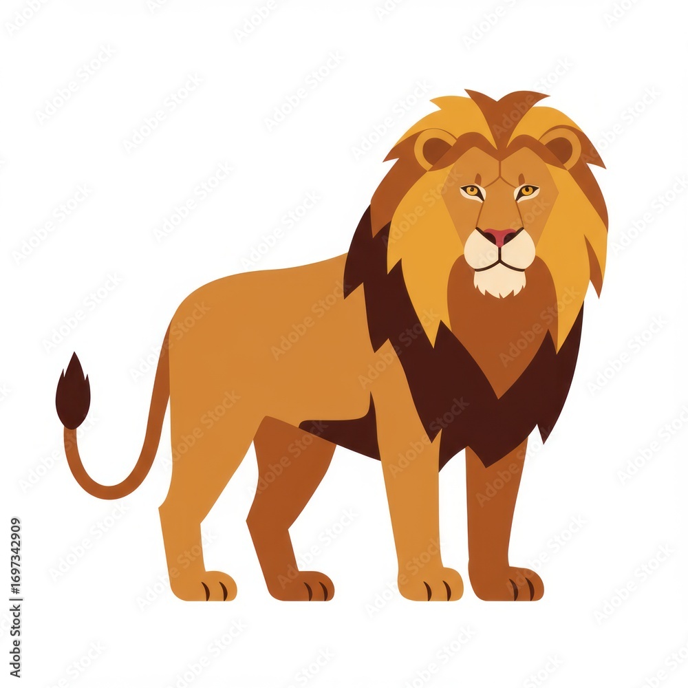 Obraz premium Flat design vector illustration of a lion on white background. Cartoon style wild animal artwork perfect for wildlife, zoo, safari, mascot, and educational design.