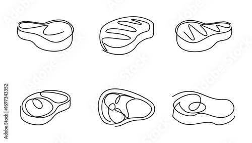 Single line drawing of raw steak collection