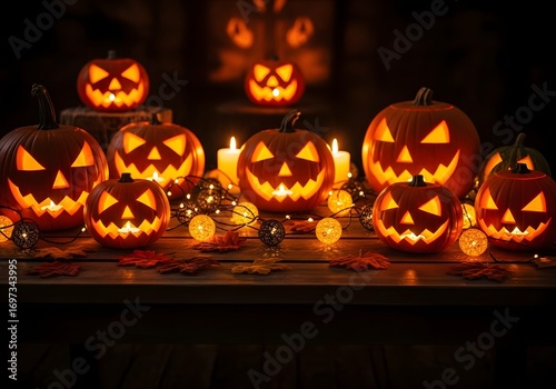 Halloween jack o'lantern display with candles and autumn leaves for festive decoration