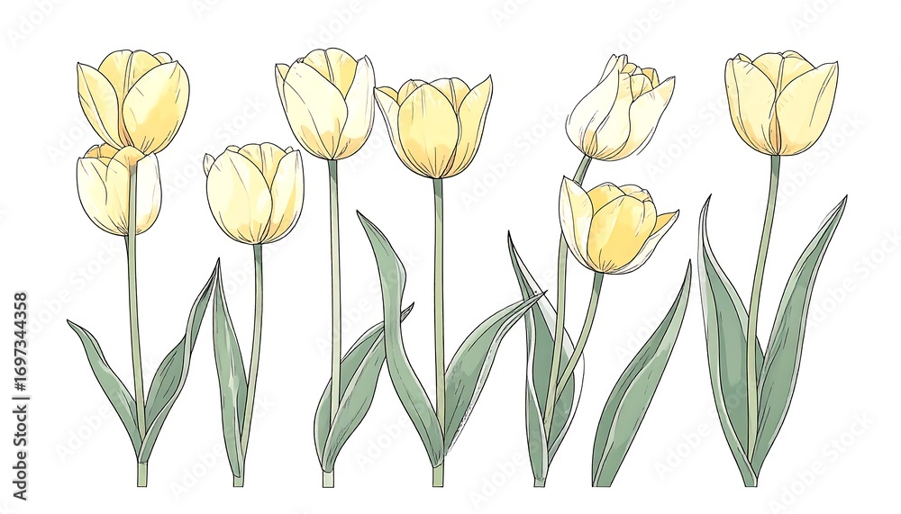 Yellow tulips in various positions