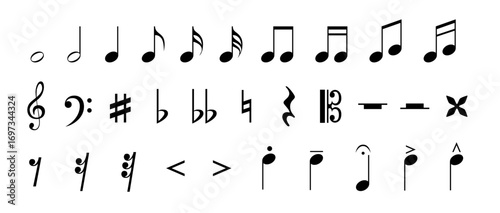 Music notes icon set. Musical key symbol. Treble clef on sheet music. Vector illustration.