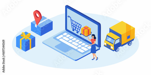 Isometric illustration of online shopping and delivery with a woman laptop gifts and truck