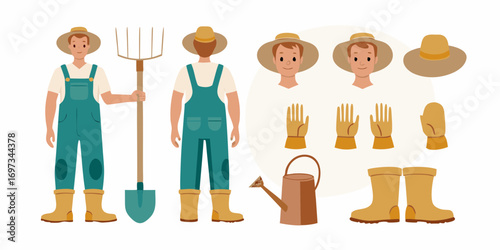 Illustration of a farmer character with various farming tools and accessories for customization