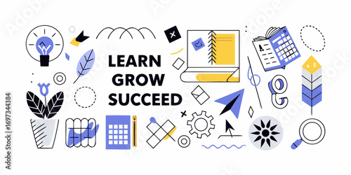 Learn grow succeed text with icons representing education business and personal development concepts
