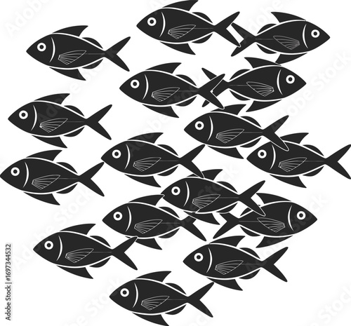 Vintage Fish Vector Set,  Seamless Pattern with Retro Hipster Mustache and Glasses Silhouettes for Nautical Design, Quirky Fabric Prints, and Decorative Backgrounds
