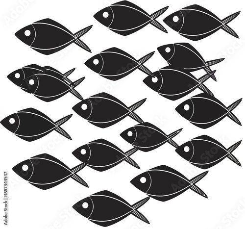 Vintage Fish Illustrations in Seamless Pattern,  Retro Vector Set Featuring Hipster Mustache and Glasses Silhouettes for Creative Design, Packaging, and Modern Background Art